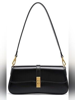 Genuine Leather Black Shoulder or Crossbody Bag with Gold Hardware, 2 Straps